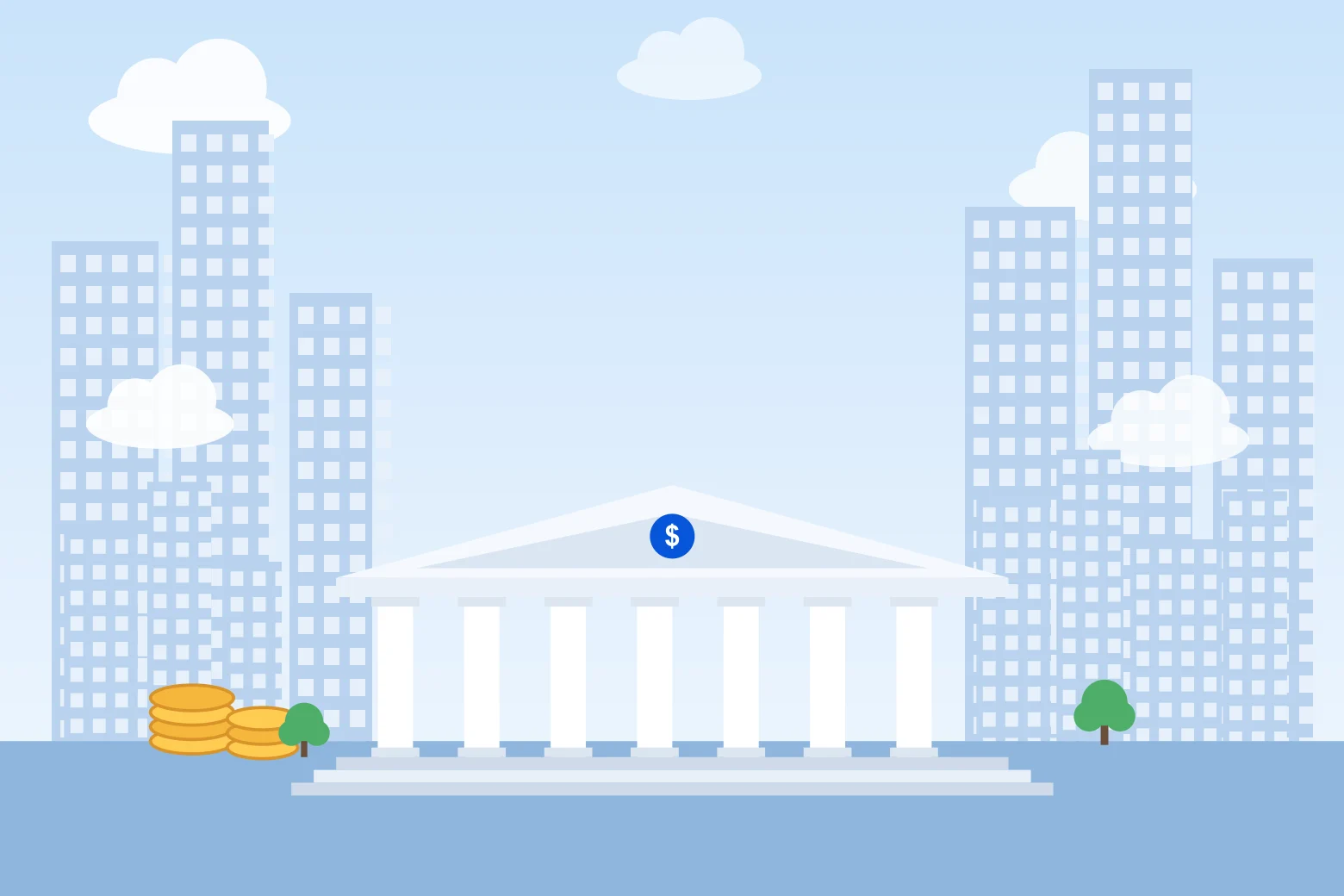 Illustration of a bank and city skyline