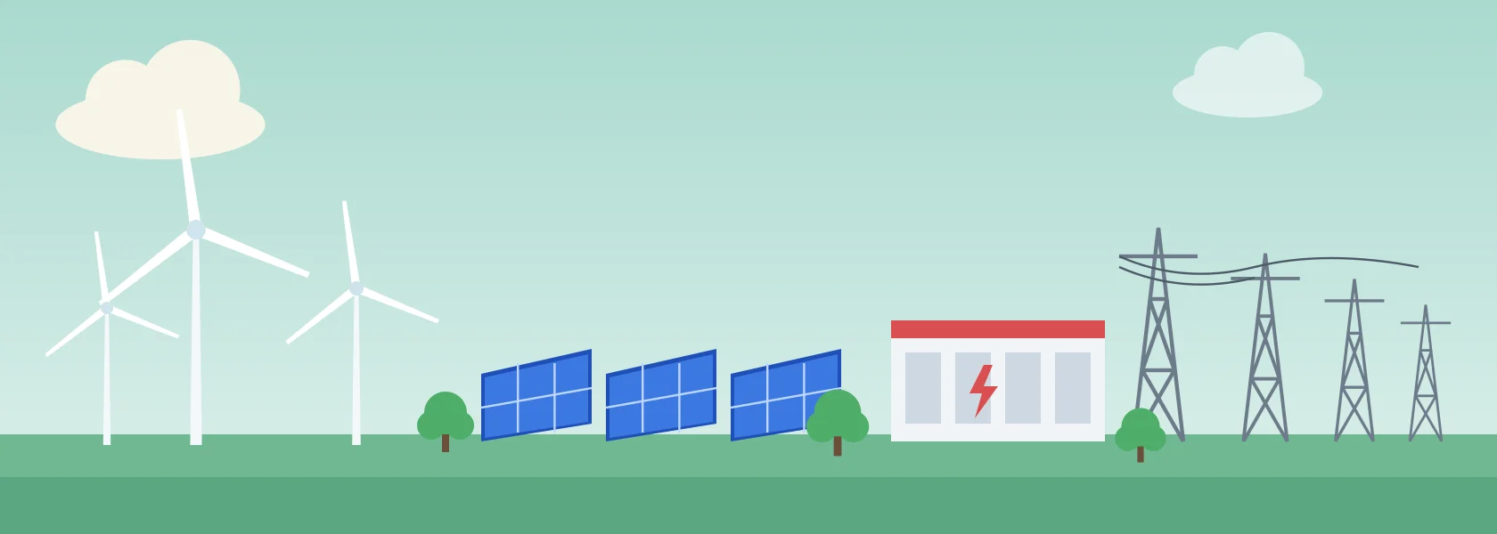 Illustration of wind, solar and the power grid