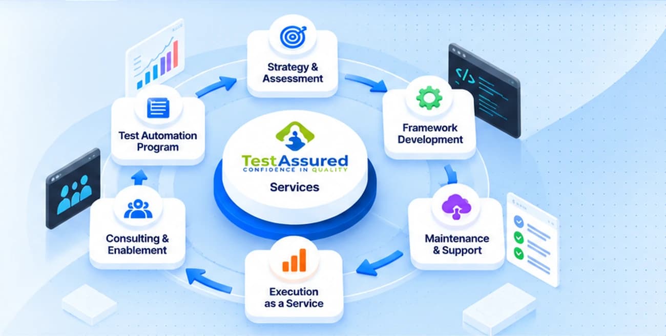 Test Assured services hub connecting strategy, automation programs, framework development, execution, consulting and ongoing support