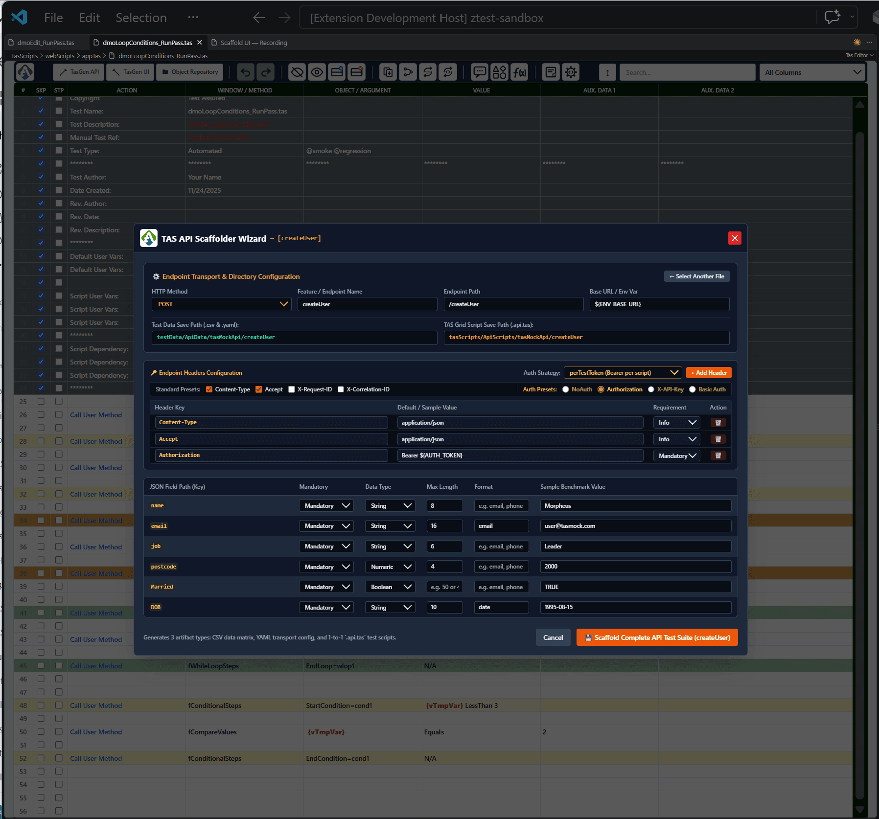 TA STUDIO API scenario generation dialog