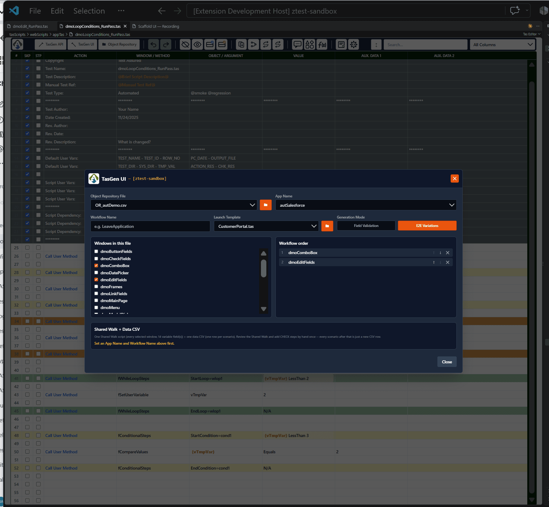 TA STUDIO UI and E2E generation dialog