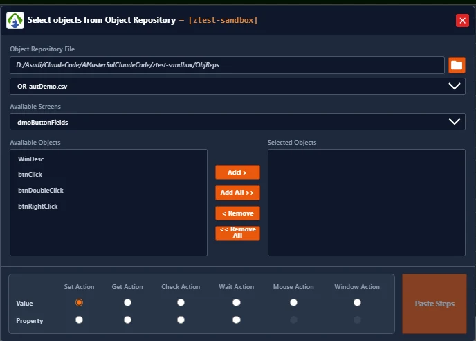 TA STUDIO object repository dialog